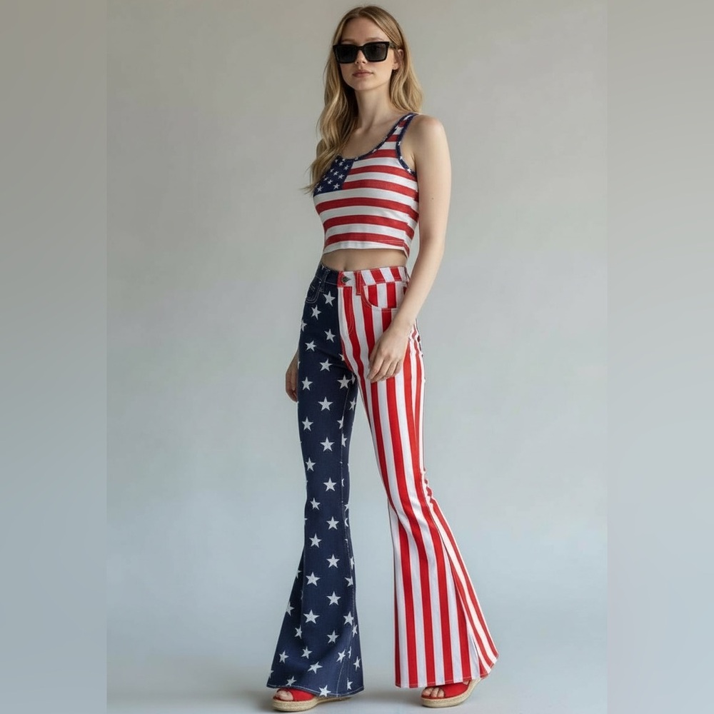 NEW‎ American Flag Patriotic Bell Bottom Jeans Stars Stripes Size 12